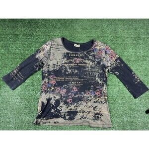 Jamee J. Women Top Medium Black Y2K Floral Cropped Studd French Long Sleeve